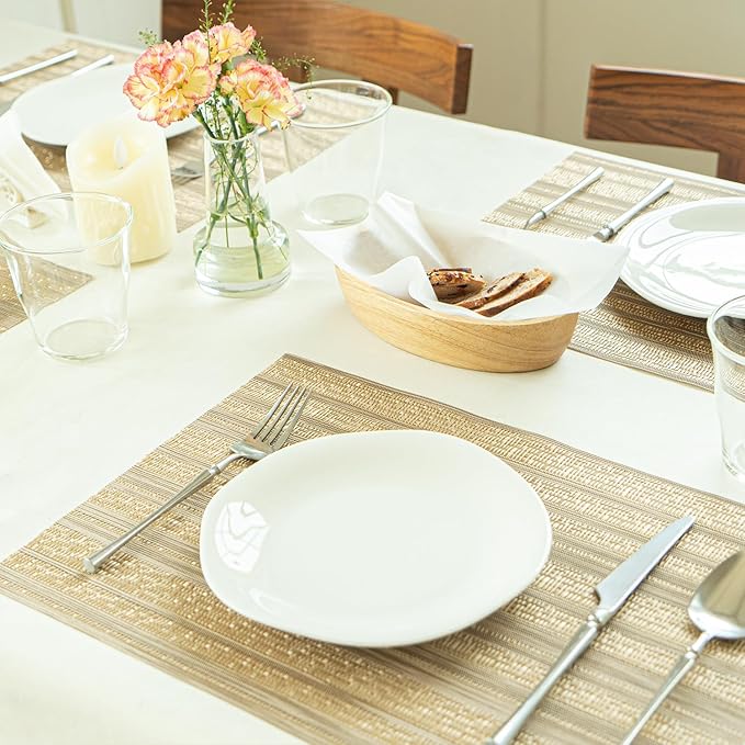 Placemats Set of 6 Vinyl/Plastic Woven Place Mats for Kitchen Table Indoor/Outdoor Washable Placemat Wipeable Dining Table Mats (Aurora Gold,6)