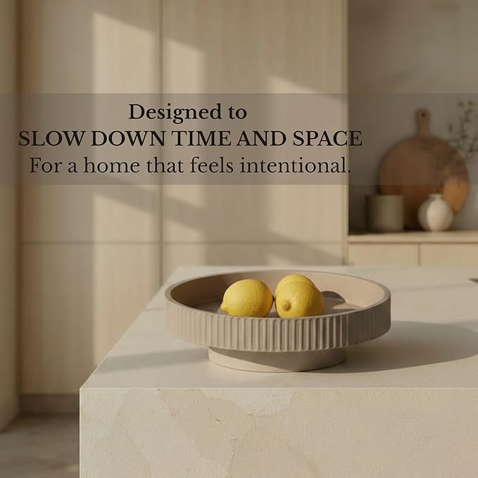 JUPTR 12” Fluted Concrete Fruit Bowl – Heavyweight Pedestal Decorative Bowl for Table Centerpiece, Entryway Catch-All & Modern Home Décor (Beige)