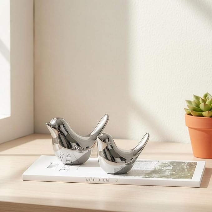 Silver Bird Statue Set – Small and Large, Modern Tabletop Sculptures for Living Room, Mantel, Shelf, Console Table, Entryway, Fireplace, Bedroom, Contemporary Silver Home Decorations