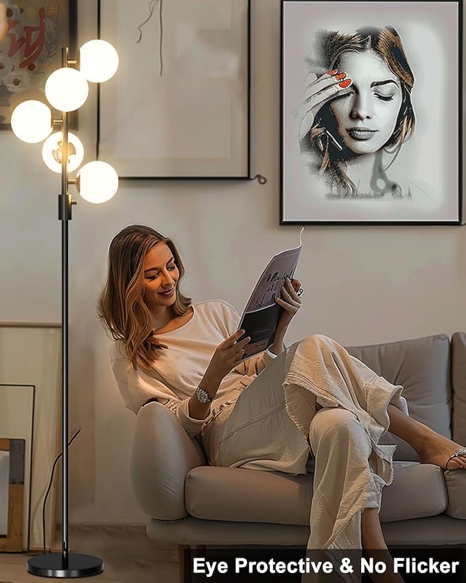 ACOHOOK 64IN Dimmable Black Floor Lamp, Tall Standing Lamps with 5 Globe Soft Warm White Eye Care 3000K G9 Bulbs, Mid Century Modern Floor Lamp for Living Room Bedroom Office