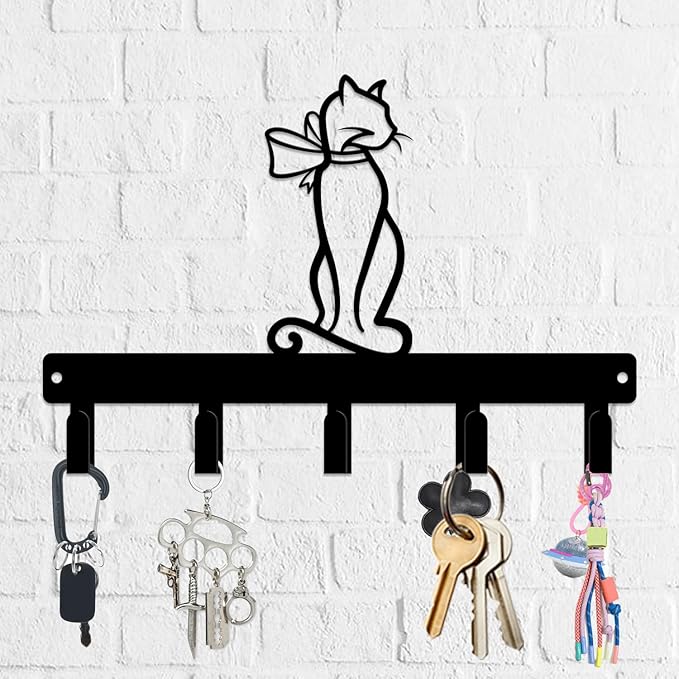 magilab Cat-Themed 10-Inch Iron Key Hooks with 5 Hooks, Black Wall Organizer - Cute Cat Design for Home Decor, No Drill & Screw-in Options (Style H)