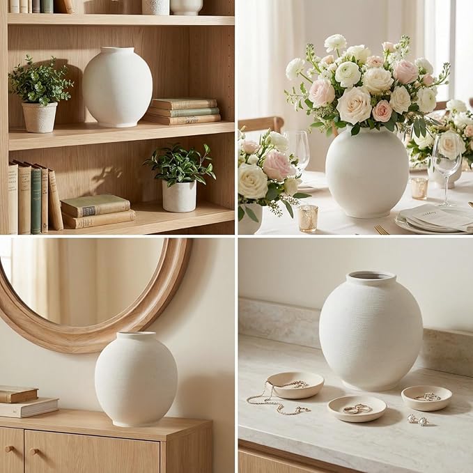 Large White Ceramic Vase, 10.8 inch Round Minimalist Textured Vase, Rustic Farmhouse Decor for Home, Living Room, Shelf, Table, Wedding & Entryway Decoration (Sandstone White)