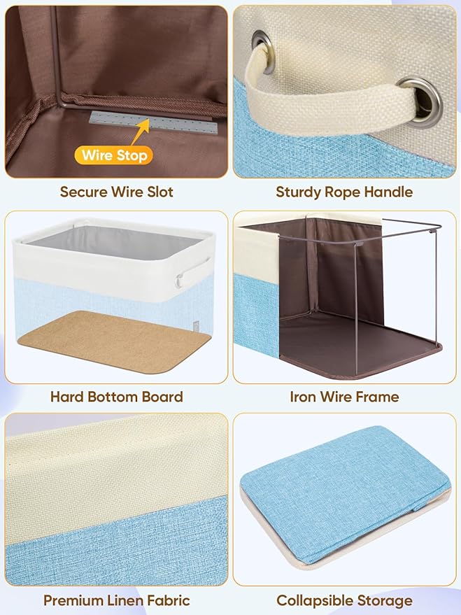BALEINE 2 Pack Fabric Storage Bins for Shelves, Linen Storage Baskets for Organizing, Decorative Closet Bins for Clothes, Home (Skyblue, 17''x13''x10.5'')