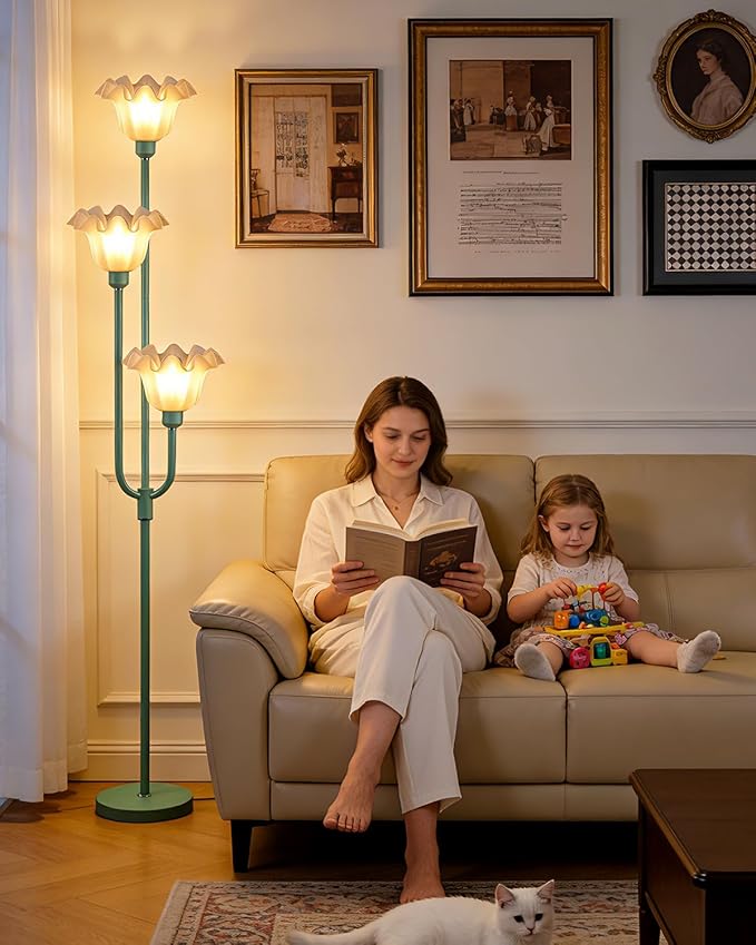 ACOHOOK Flower Floor Lamp for Living Room, Dimmable Vintage Floor Lamp with Shelf & LED Bulbs, 3 Light 3000K Soft Warmwhite Mid Century Gold Standing Lamp, Floral Tall Lamp for Bedroom Office-Green