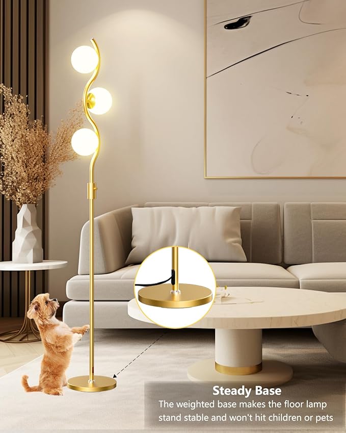 Lightdot 60IN Gold Floor Lamp Stepless Dimmable Globe Floor Lamps with 3Pcs 3000K G9 Bulbs Eye-Friendly Mid Century Standing Lamps with Stable Base for Living Room/Bedroom/Corner