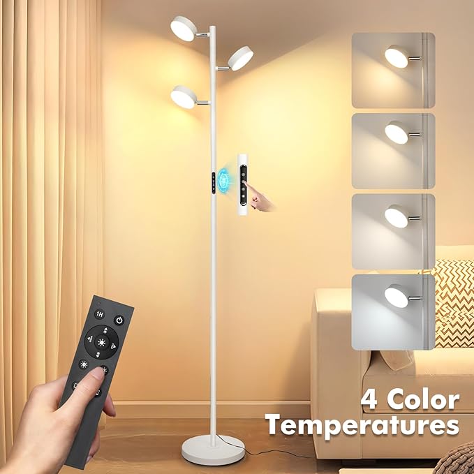 JUNNAI White Floor Lamp with Remote Tall Standing Lamps 30W LED Tree Floor Lamp with 3 Adjustable Heads Touch Control Timer 4 Color Temperatures Light Lamps for Living Room Office Bedroom Crafting