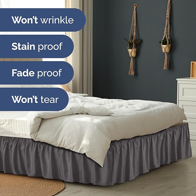 Wrap Around Dust Ruffle Bed Skirt - Dark Grey - Twin/Twin XL Size Beds with 24 Inch Drop - Elastic Strap - Adjustable Pleated Bedskirt with Brushed Fabric and Wrinkle Free - Women, Men, Kids & Teens
