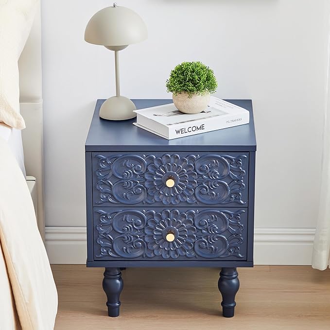 Nightstand, Farmhouse Bedside Table with 2 Drawers and Metal Handles, Wood Sofa Side Table End Table Accent Dresser for Bedroom, Living Room (Blue) (15.75 x 16.02 x 18.15 Inch)