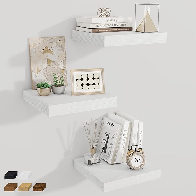Fun Memories 12 Inch Square Floating Shelves 3 Pack - Wall Shelves with Invisible Brackets, Small Floating Shelves for Wall, White Wood Shelves for Bathroom, Living Room, Bedroom, and Kitchen Decor