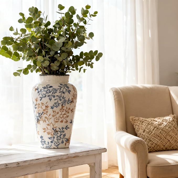 Blue and White Vase, Ceramic Chinoiserie Vase for Home Decor, Vintage Blue Floral Porcelain Vases, Farmhouse Pottery Flower Vase for Living Room Kitchen Table Shelf Mantel, Blue and White Decor Accent