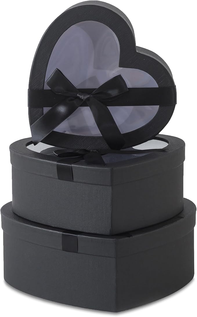 Soul & Lane Black Heart Shaped Gift Boxes with Clear Lids and Decorative Bows: Set of 3 Cardboard Heart Boxes for Flowers, Chocolates, Large Box for Flower Arrangements and Valentine’s Day Presents
