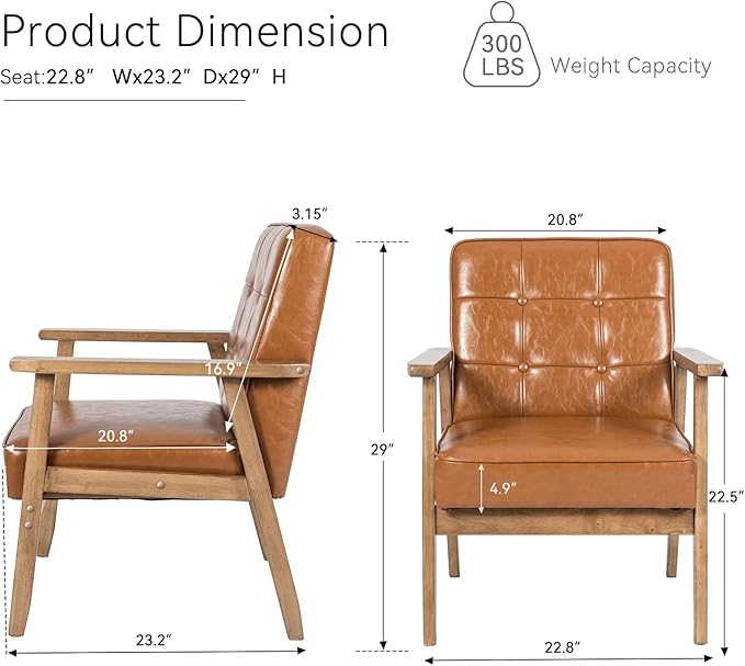 Okeysen Mid Century Modern Accent Chair, Retro Wood Leather Armchairs Side Chair, Lounge Reading Comfy Arm Chair for Living Room, Bedroom, Office (Brown)