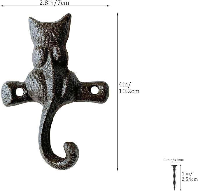 Rustic Cat-Shaped Decorative Wall Hook Rack Hangers for Hanging Clothes, Coats, Towels, Keys, and Hats, 2 Pack Antique Cast Iron Mounted Wall Hooks