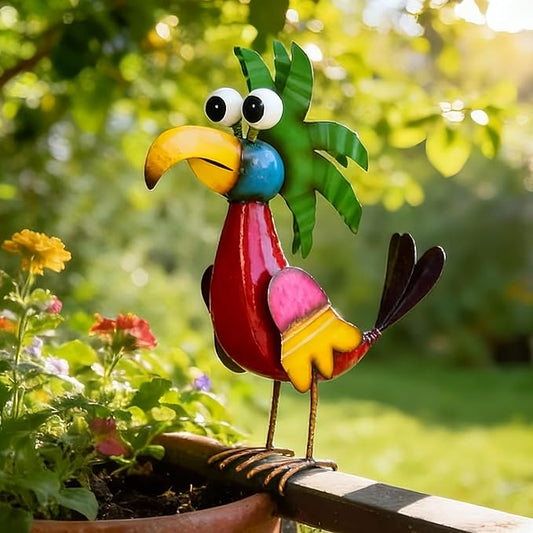 19.7" Unique Cartoon Tiki Bird Decor, Handcrafted Large Parrot Sculpture with Ground Stake, Weatherproof Metal Yard Art for Patio, Lawn, Balcony or Indoor Home Decor, Ideal for Parties & Gifts