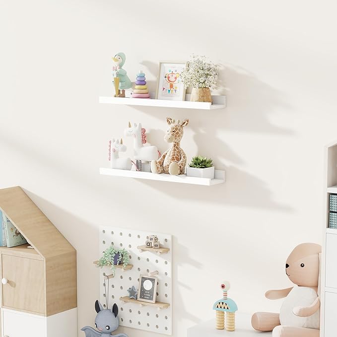 Fun Memories Picture Ledge Shelf, Pine Wood Floating Shelves Set of 2, 24 inch Nursery Book Shelves, Photo Ledge Book Shelves Wall Mounted for Living Room Kids' Room Bedroom - White