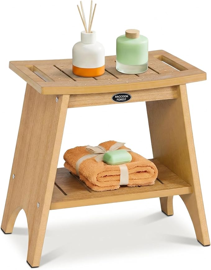 Shower Stool for Inside Shower, Shower Benches for Shaving Legs, 500lbs Shower Chair with Space-Efficient Storage Shelf, Waterproof Shower Seat for Spa Bathroom, Indoor or Outdoor Use(Teak Style)