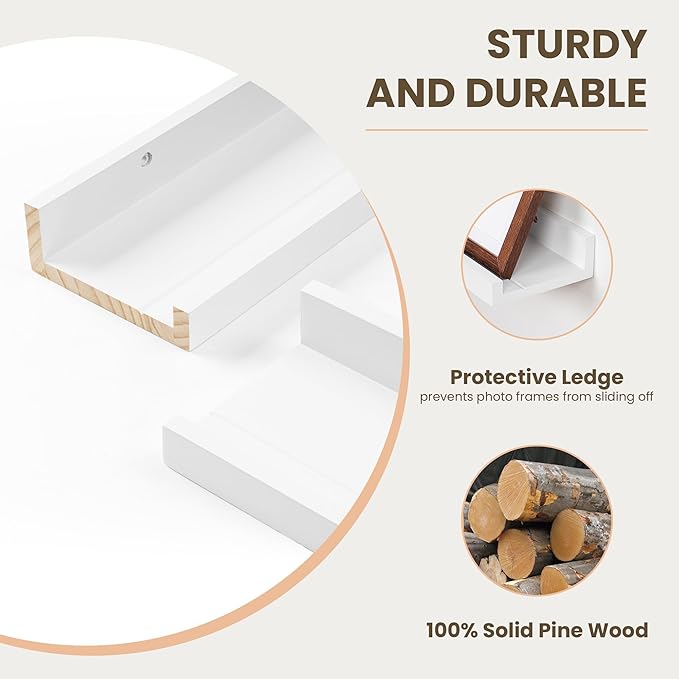Fun Memories Picture Ledge Shelf, Pine Wood Floating Shelves Set of 2, 24 inch Nursery Book Shelves, Photo Ledge Book Shelves Wall Mounted for Living Room Kids' Room Bedroom - White