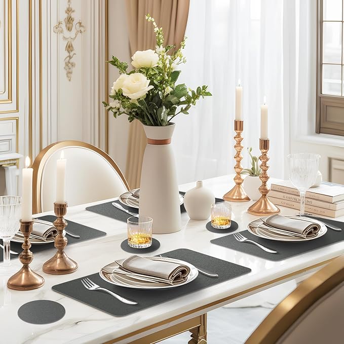 Faux Leather Placemats Set of 6, Vinyl Placemats Heat Resistant Place Mats, Waterproof Oil-Proof Wipeable Dining Table Mats and Coasters for Kitchen, Indoor, Outdoor (Gray)