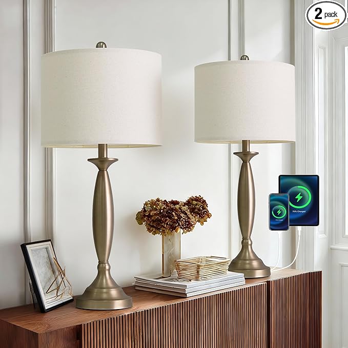 Oneach 28" Warm Gold Table Lamps Set of 2 for Living Room, Modern Bedside Lamps with USB Ports, Nightstand Lamps Set for Bedroom End Table Home Office(Bulbs not Included)