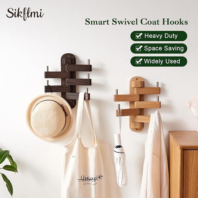 Swivel Coat Rack for Wall, Oak Wood Coat Hooks Wall Hooks with 5 Swivel Foldable Arms, Entryway Shelf for Bedroom, Entryway, Living Room, Bathroom,Office, Classroom, Heavy Duty (Natural)