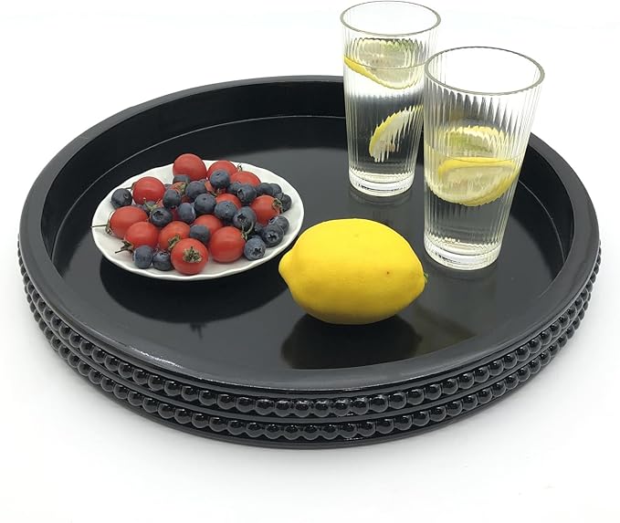 Carah & Cossh Round Wooden Serving Tray, Black Decorative Wood Tray, 16'' Round Modern Decorative Tray, Perfect for Storage and Display (Black)