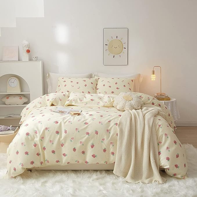 LifeTB Cute Strawberry Duvet Cover Queen 3 Pieces Strawberry Bedding Set Kawaii Bedroom Decor 100% Cotton Comforter Cover Kids Teen Girls Fruit Bedding Duvet Cover with 2 Pillowcases, Cream White