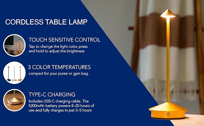 Modern Cordless LED Table Lamps Set of 2 – Rechargeable 5200 mAh Battery, Touch Dimming, 3 Color Modes, Compatible USB-C Charging | Stylish Portable Lamps for Bedroom, Living Room, Nightstand (Silver)