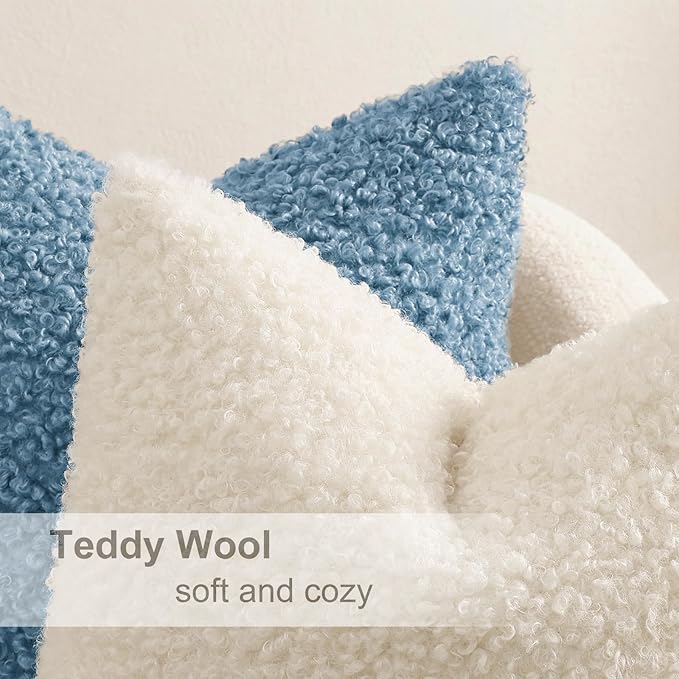 decorUhome Pack of 2 Throw Pillow Covers 18x18 Inch, Faux Fur Decorative Sherpa Pillow Covers Fuzzy Accent Soft Sheepskin Fleece Pillow Cases for Couch Living Room Bed, Light Blue