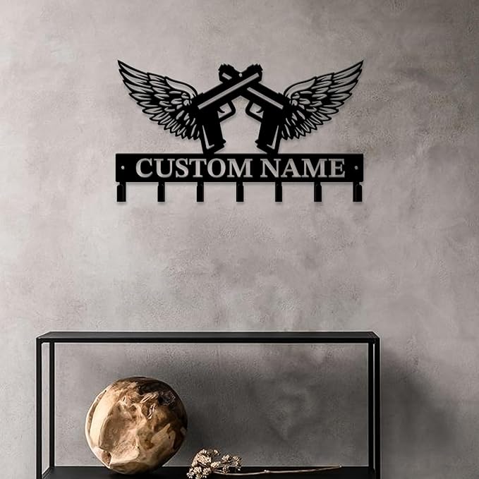 Personalized Custom Name Gun Wall Hooks,Metal Gun Room Art Clothes Hooks,Metal Gun Wall Home Storage Decorative,For Front Door, Hallway, Kitchen, Bedroom,Keys,Hats (Style D)
