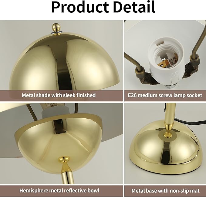 COSYLUX Modern Small Table Lamp for Bedroom, Cute Dome Shade Reflecting Light Reading Lamp for Living Room, Kid's Room, Study, Office, Beside Bedside Nightstand Desk Lamp(Gold)