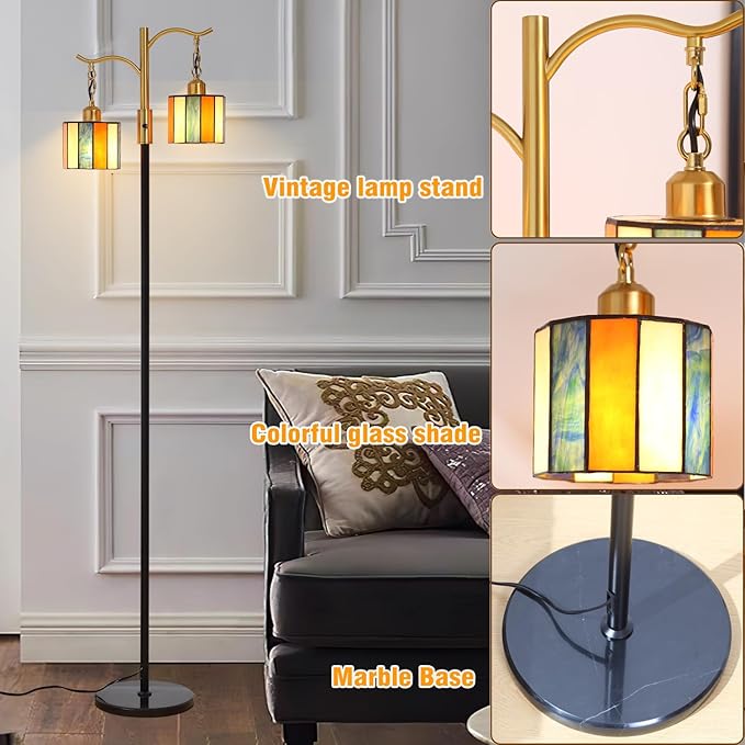 Asmymhd Vintage Dimmable Floor Lamp, Tiffany Standing Lamp with 2 Stained Glass Shades, Rustic Farmhouse Floor Lamp with Black and Gold Finish for Living Room Bedroom