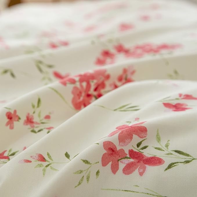 Boho Floral Duvet Cover Queen Soft Cotton Pink Floral Bedding Set Chic Garden Style Cute Flower Pattern Duvet Cover Vintage Floral Botanical Comforter Cover 1 Queen Duvet Cover with 2 Pillowcases