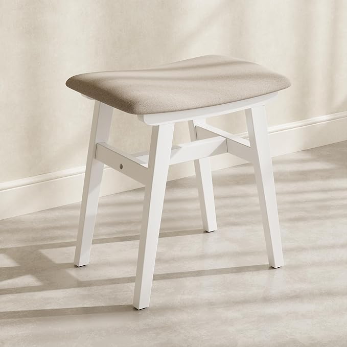 Solid Wood Vanity Stool, Compact Makeup Chair with Saddle Cushion, Linen-Covered High Rebound Sponge Seat, Easy Assembly Footstool for Bedroom, Entryway, Home, White