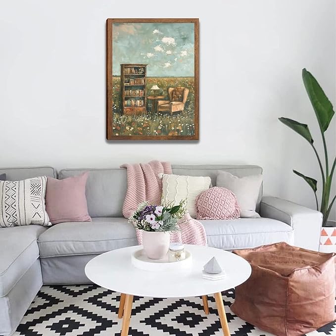 Vintage Whimsical Book Lover Wall Art, Impressionist Flower Field Painting Decor, Rustic Book Nook Canvas Prints, Bookish Gifts French Country Artwork for Bedroom Living Room 12x16 in Wood Framed