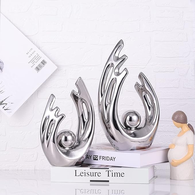 12"H Modern Silver Home Accent, Ceramic Tv Stand Centerpiece Decor, Mid Century Modern Abstract Aesthetics Silver Desk Accessories, Office Table Party Decor