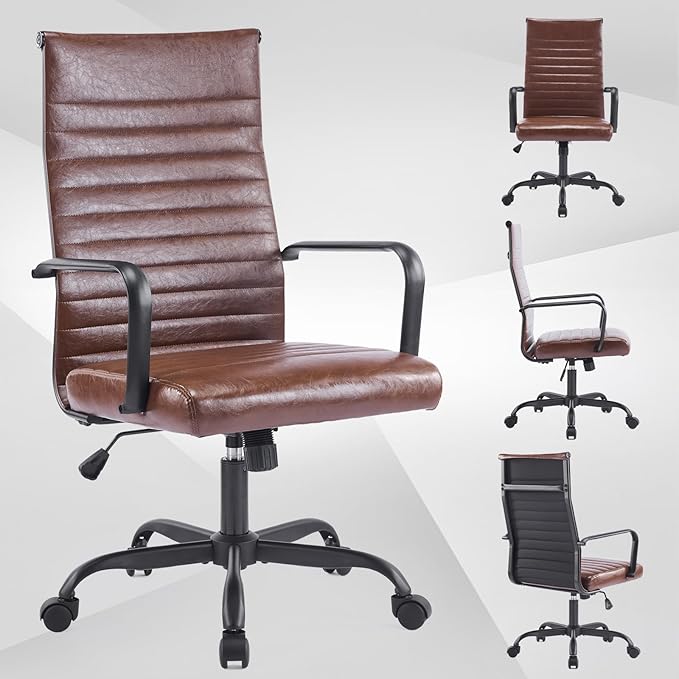Haranuo Office Chair, Ergonomic Executive Conference Room Chairs, Ribbed Leather Desk Chair with Lumbar Support, Adjustable Height Mid-Back Swivel Chair with Padded Seat