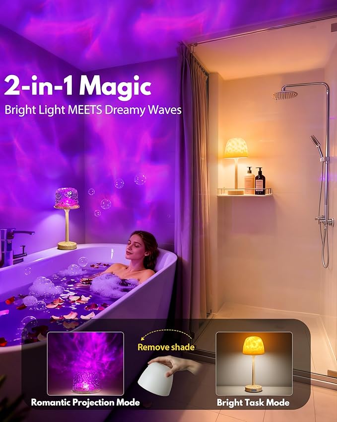 Spa-Like Shower Lamp - Waterproof Bathroom Lamp with 16 Color Ocean Wave Projector, Cordless Light for Inside Shower/Bathtub Bedroom Living Room Kitchen Decor (Wood Grain)