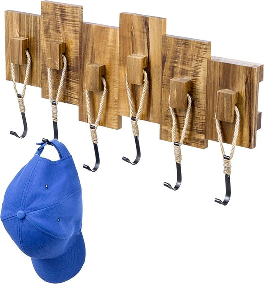 MyGift Wall Mounted Coat Rack, Premium Nautical-Style Wall-Mounted Acacia Wood Entryway Storage Rack with 6 Rope and Matte Black Metal Hooks