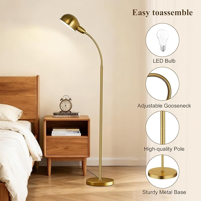 LANICHO Floor Lamp for Living Room, 63" Standing Lamp with Adjustable Gooseneck, 3 Color Temperatures, Industrial Gold Floor Lamp Reading for Bedroom, Office, 9W LED Bulb