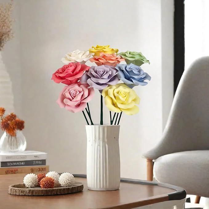 Handmade Porcelain 3D Ceramic Rose Flower, Eternal Flower Decoration for Home Office Decor, Creative Desktop vases, Porcelain Decorations, Set of 9 (Colour)