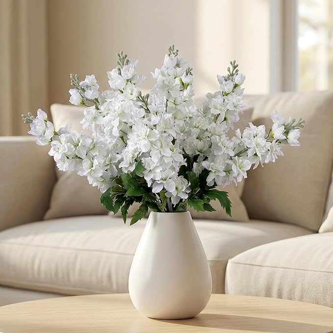 Fake Flowers 23.6” Delphinium Artificial Flowers 8Pcs Silk Flowers with Stems Long Stem Artificial Flowers for Tall Vase Faux Flowers for Indoor Home Decoration Wedding Decoration Centerpiece White