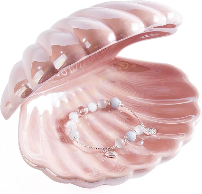 Denique Shell Jewelry Dish Tray, Ceramic Trinket Tray Clamshell Jewelry Storage Dish, Ring Holder Dish Key Bowl, Decorative Jewelry Plate, Cute Jewelry Organizer for Room Decor (Pink)