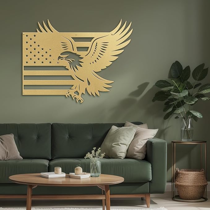 SIGNLEADER Metal Wall Art Decor American Flag with Eagle Minimalist Modern Abstract Wall Sculpture Hangings Home Decoration for Living Room, Bedroom, Bathroom, Kitchen, Outdoor - 18" Gold