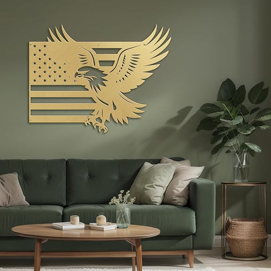SIGNLEADER Metal Wall Art Decor American Flag with Eagle Minimalist Modern Abstract Wall Sculpture Hangings Home Decoration for Living Room, Bedroom, Bathroom, Kitchen, Outdoor - 18" Gold