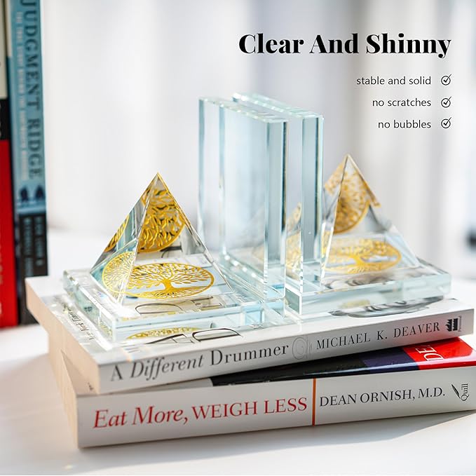 1 Pair Modern Crystal Bookends for Shelves,Tree of Life Crystal Pyramid Design,Non-Skid Book Holder,Heavy Duty Decorative Book Stopper,3.5 * 3.5 * 4''