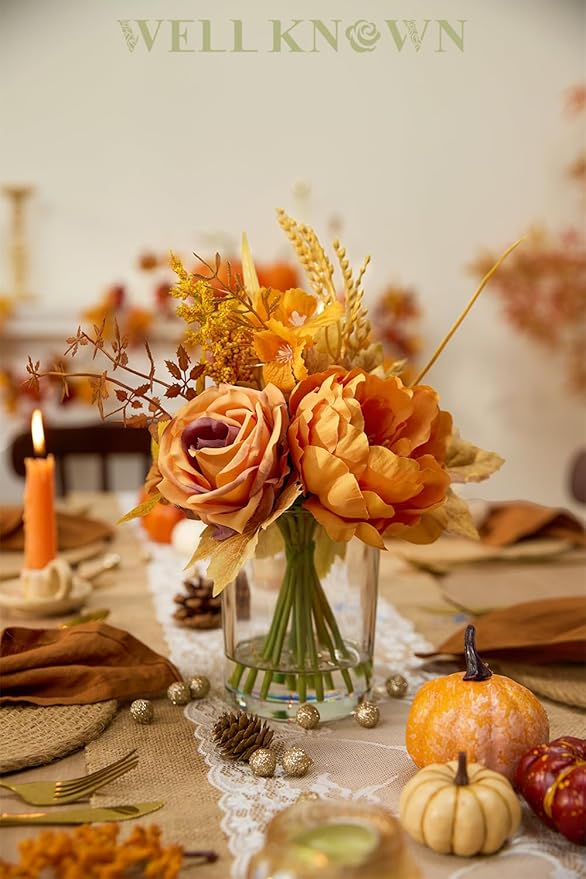 WELL KNOWN Artificial Flowers in Glass Vase, Orange Wrist Gold Silk Rose Peony Flower Bouquet with Fake Water for Fall Winter Home Dinning Table Wedding Christmas Party Lavatory Kitchen Decor & Gift