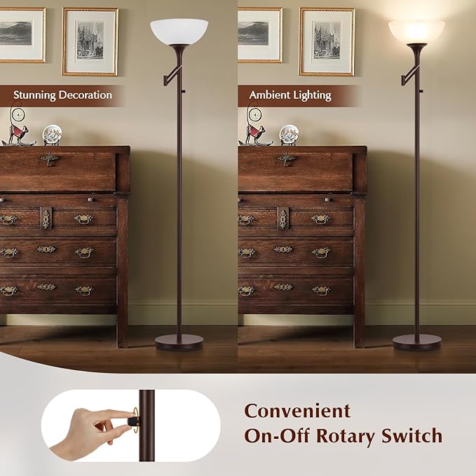 EJIAXIN Floor Lamps for Living Room Bronze, 71" Tall Standing Lamp with Glass Shade, Vintage Floor Lamp with 350°Adjustable Swing Arm Lamp, Pole lamp for Bedroom, Living Room, Office, Bulbs Included