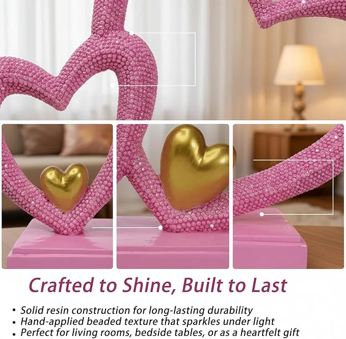 Double Heart Sculpture Valentine’s Day Statue, Faux Beaded Texture with Gold Accents, 7.9" Pink Romantic Decor for Shelf, Mantel, Bedroom, Wedding, for Her