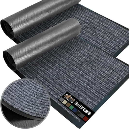 GORILLA GRIP Waterproof Traffic Guard Door Mat, 2 Pack Heavy Duty Entryway Mats, Strong Backing Commercial Rugs for Office Hallway, Garage Floor and Home, Low Profile Carpet, 29x17, Charcoal Gray