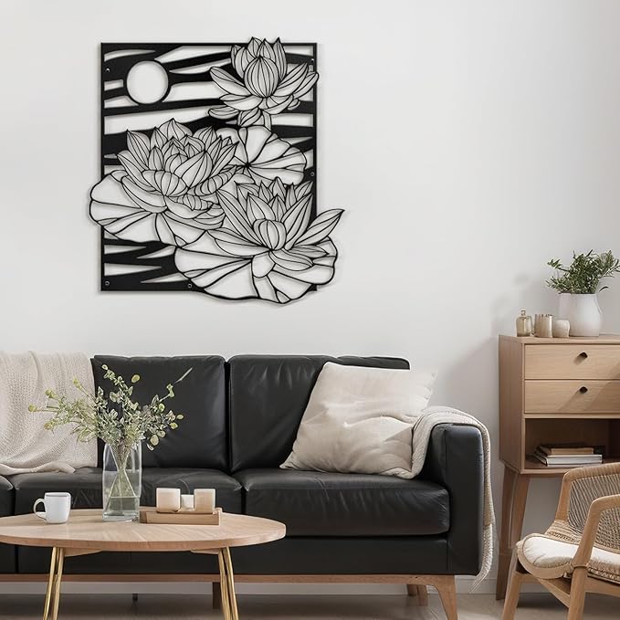 SIGNLEADER Metal Wall Art Decor Lotus, Moonlight Minimalist Modern Abstract Wall Sculpture Hangings Home Decoration for Living Room, Bedroom, Bathroom, Kitchen, Outdoor - 18" Black